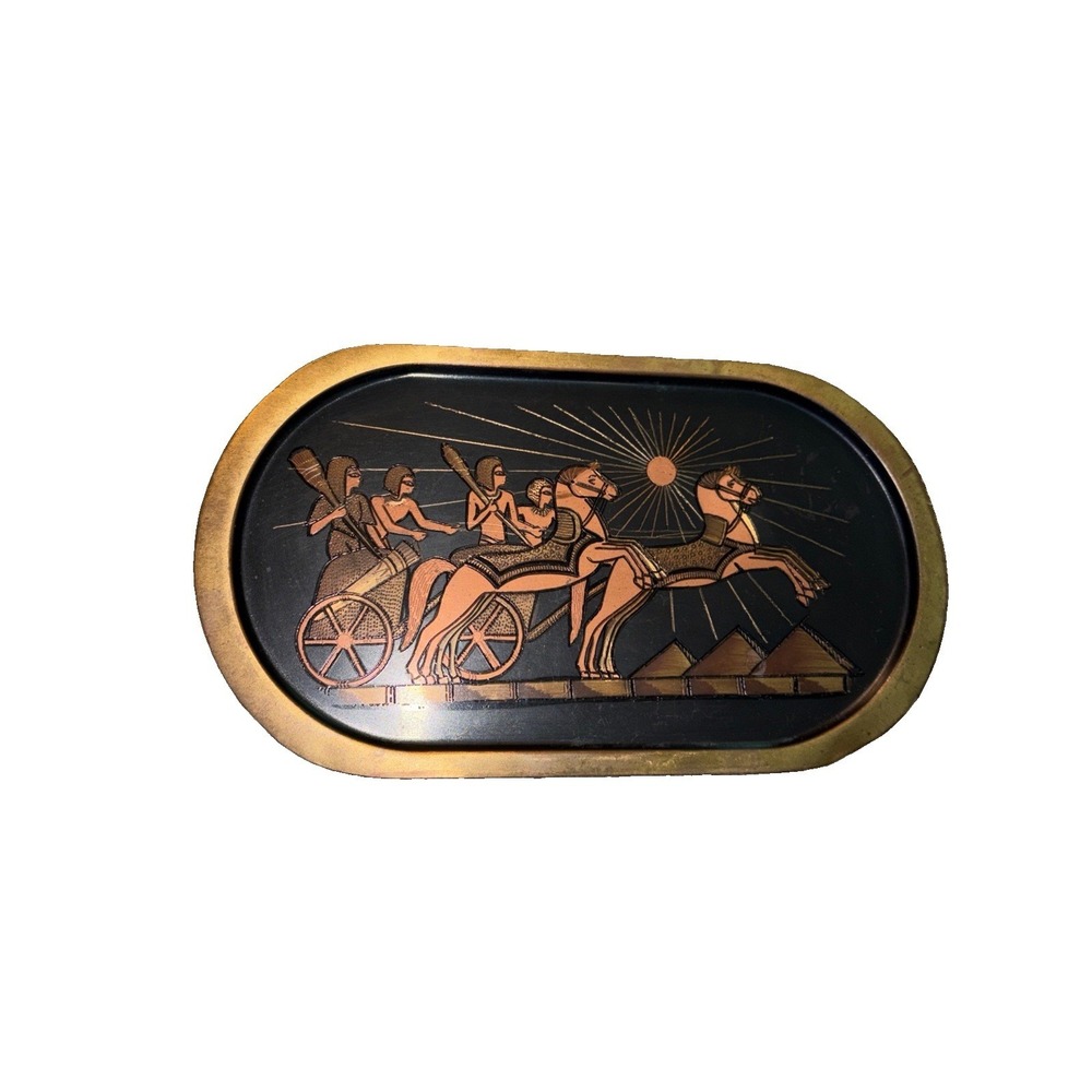 Vintage Egyptian‎ brass wall décor plaque engraved scene men horses chariots